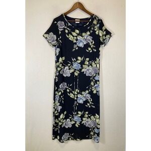 90s Romantic Vintage Studio Women Size 6 Navy Blue Floral Rose Midi Tie Dress